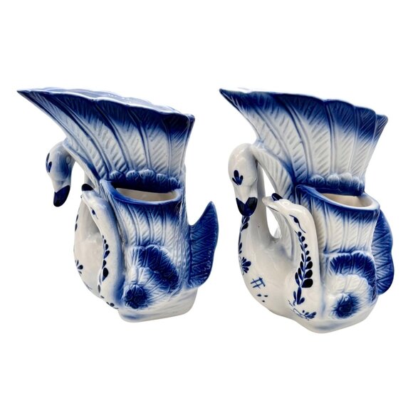 Vintage Double Swan Chinoiserie Vases Set of 2 Delft Style Blue and White 5.5"H - Picture 3 of 11